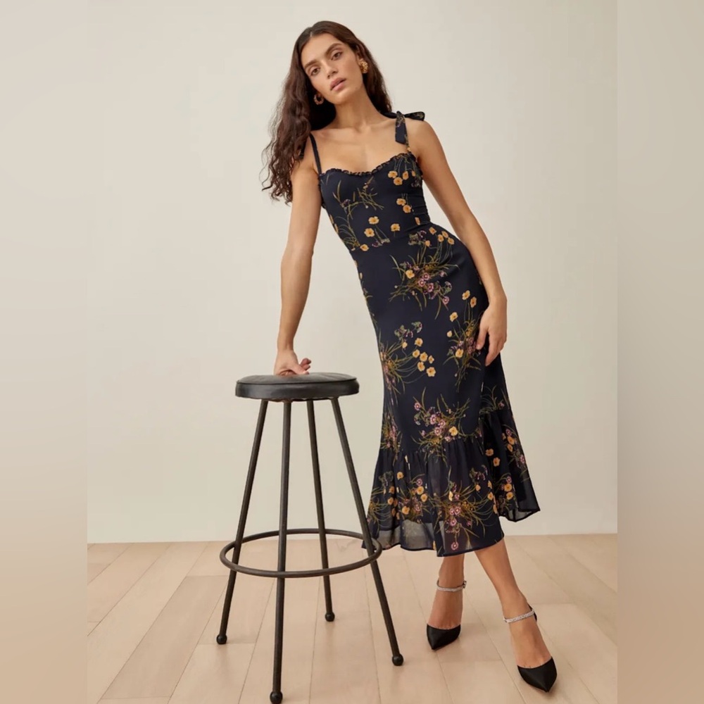 Reformation Black Floral Midi Dress “Nikita Dress”. Size small.